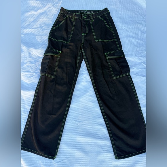 Black Cargo Pants with Green Stitching